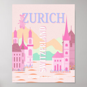 Affiche Zurich Travel Art, Suisse, Pink Retro Travel