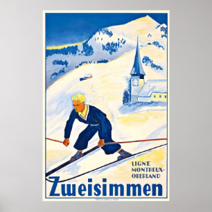 Affiche Zweisimmen Berne Alpes suisses Suisse Ski vintage
