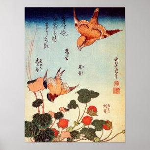 Affiches ヘ ビ に ゴ 鳥 小, 北 Oiseau et Fausse fraise, Hokusai