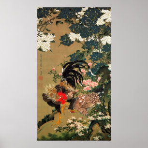 AFFICHES 動植綵絵(6)紫陽花双鶏図, 伊藤若冲