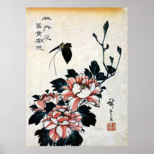 Affiches 牡 丹 に 蝶, 広 Peonies et Papillon, Hiroshige, Ukiyo-e