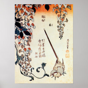 Affiches 藤 に キ イ, 北 Wagtail et Wisteria, Hokusai, Ukiyo-e