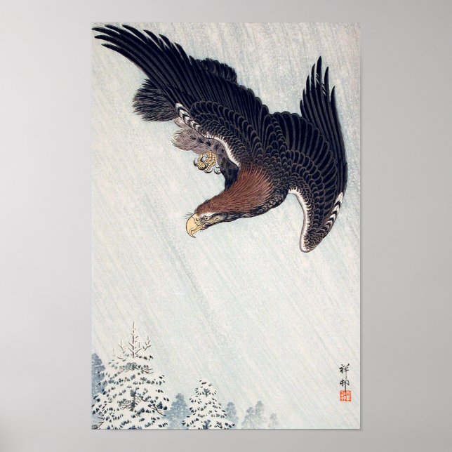 Affiches 雪 に 鷲, 古 邨 Aigle volant à neige, Ohara Koson, Coup (Devant)
