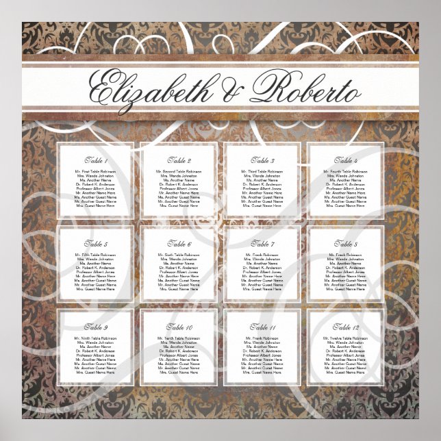 Affiches 12 Table 80 to 120 guest Wedding Seating Chart (Devant)