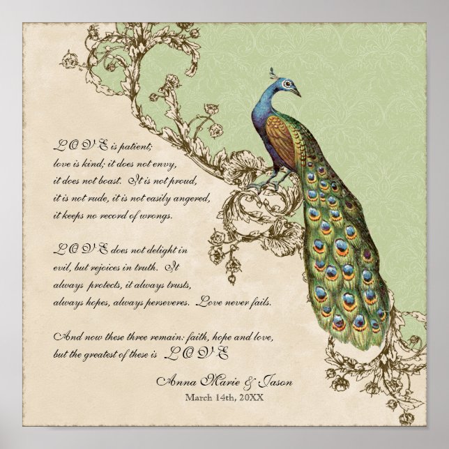 Affiches 12x12 Peacock Vintage 1 - Mariage personnalisé (Devant)