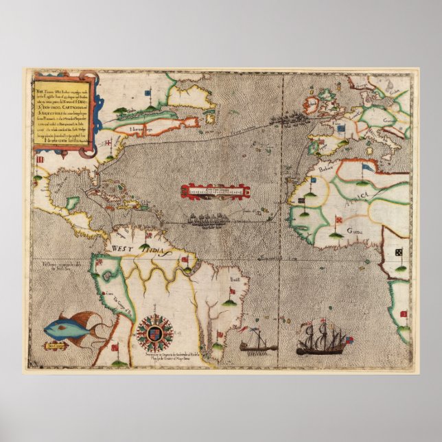 Affiches 1589 Carte Voyage des Antilles de Sir Francis Drak (Devant)