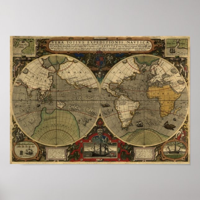 Affiches "1595 World Map of Hondius" Historic Map (Devant)