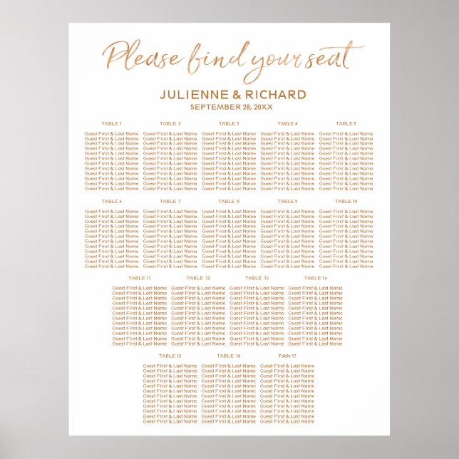 Affiches 17 Tables Mariage Plan de siège Rose Gold Signal (Devant)
