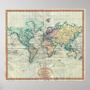 Affiches 1801 Cary Map of the World on Mercator Projection