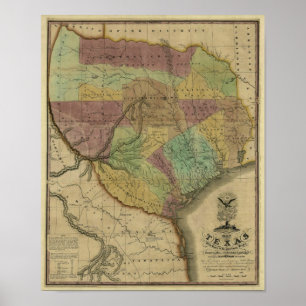 Affiches 1837 Texas Map avec des parties des États adjacent