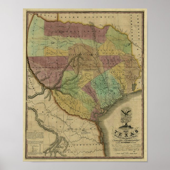 Affiches 1837 Texas Map avec des parties des États adjacent (Devant)