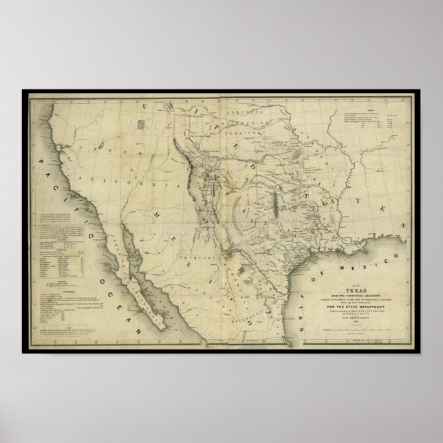 Affiches 1844 Carte du Texas et des pays limitrophes (Devant)