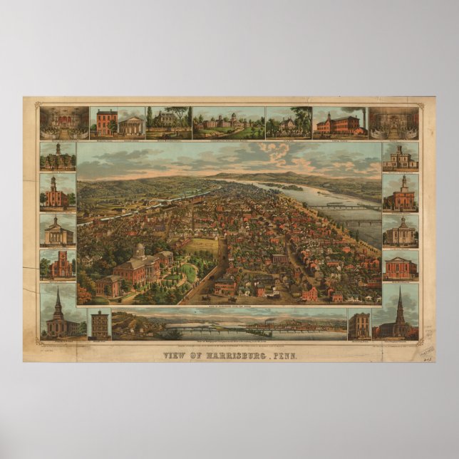 Affiches 1855 Harrisburg, PA Oiseaux Vue panoramique (Devant)