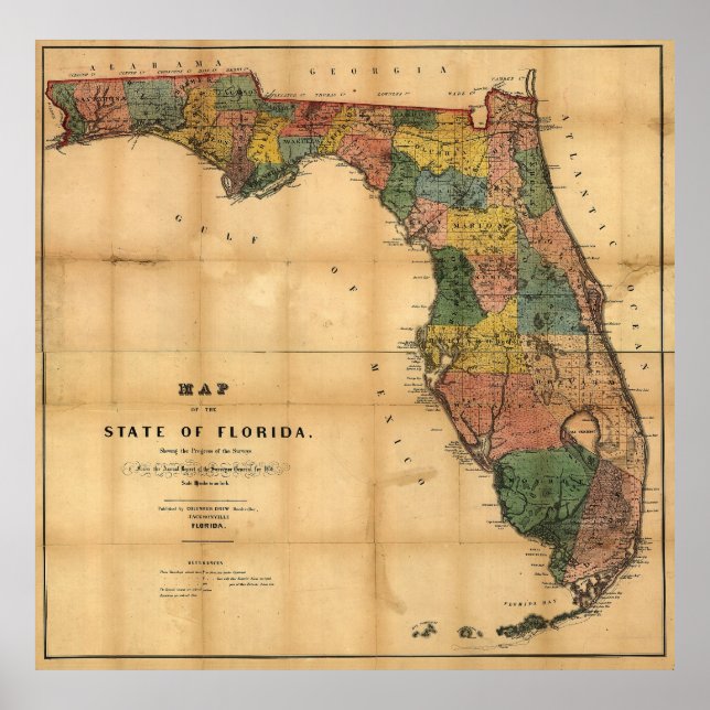 Affiches 1856 Carte de l'État de Floride par Columbus Drew (Devant)