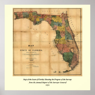 Affiches 1856 Carte de l'État de Floride par Columbus Drew