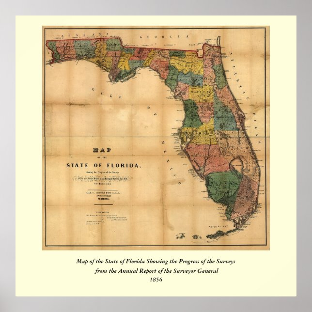 Affiches 1856 Carte de l'État de Floride par Columbus Drew (Devant)
