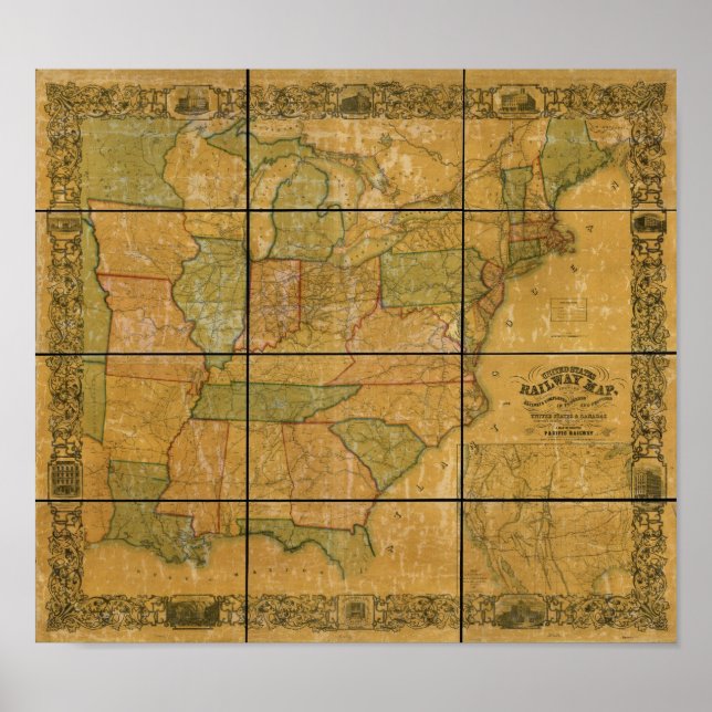 Affiches 1856 Carte des chemins de fer antiques des États-U (Devant)