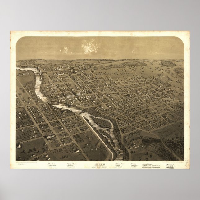 Affiches 1868 Niles, MI Oiseaux Vue panoramique (Devant)