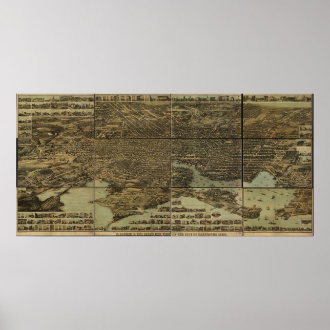 Affiches 1869 Baltimore, MD Birds Eye View Panoramic Map (Devant)
