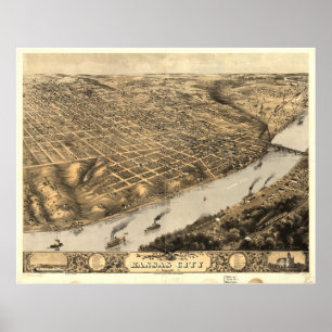 Affiches 1869 Kansas City, carte panoramique de vue d'oeil