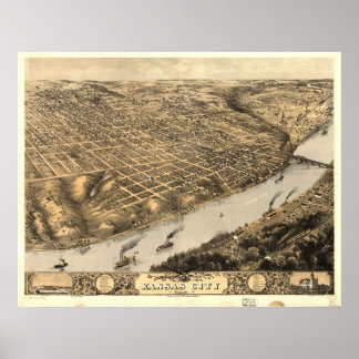 Affiches 1869 Kansas City, MO Oiseaux Vue panoramique Carte