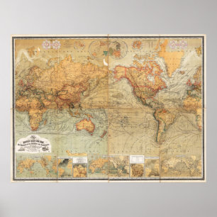 Affiches 1870 Carte du monde de Baur et Bromme Projection d