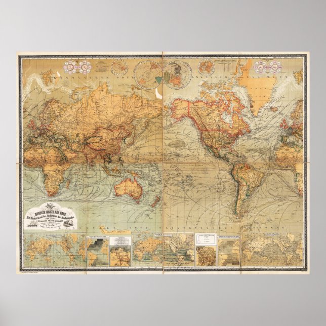 Affiches 1870 Carte du monde de Baur et Bromme Projection d (Devant)