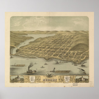 Affiches 1870 Hudson, WI Oiseaux Vue panoramique Carte
