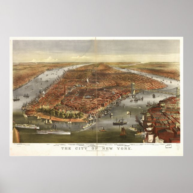 Affiches 1870 New York City NY Oiseaux Vue panoramique (Devant)
