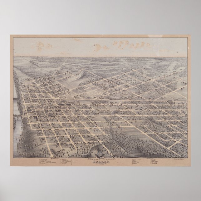 Affiches 1872 Dallas, TX Oiseaux Vue panoramique Carte (Devant)