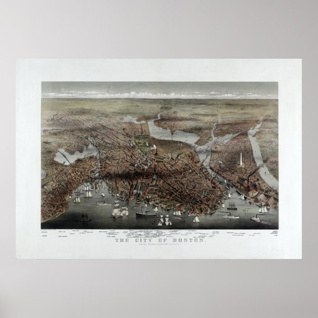Affiches 1873 Ville de Boston, MA Panoramique Birds Eye Vie (Devant)