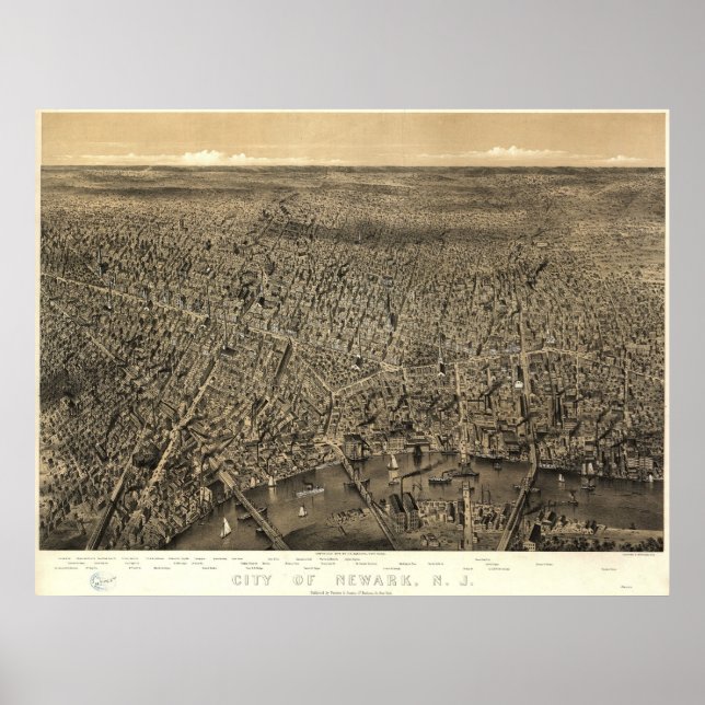 Affiches 1874 Newark, NJ Birds Eye View Panoramic Map (Devant)