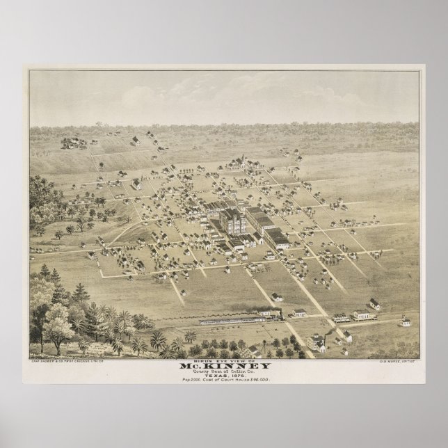 Affiches 1876 McKinney, TX Oiseau Vue panoramique (Devant)