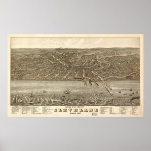 Affiches 1877 Cleveland, OH Oiseaux Vue panoramique