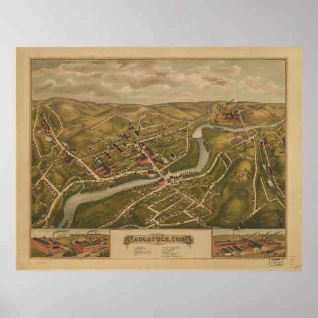 Affiches 1877 Naugatuck CT Birds Eye View Panoramic Map (Devant)