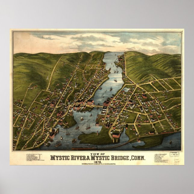 Affiches 1879 Mystic River & Bridge CT Carte panoramique (Devant)