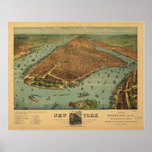 Affiches 1879 New York City NY Oiseaux Vue panoramique
