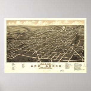Affiches 1880 Ann Arbor, MI Birds Eye View Panoramic Map