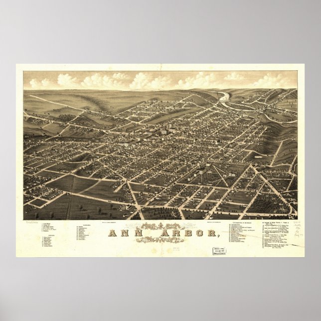 Affiches 1880 Ann Arbor, MI Oiseaux Vue panoramique Carte (Devant)
