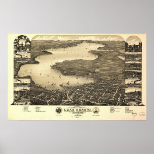 Affiches 1882 Lac Léman, WI Oiseaux Vue panoramique Carte