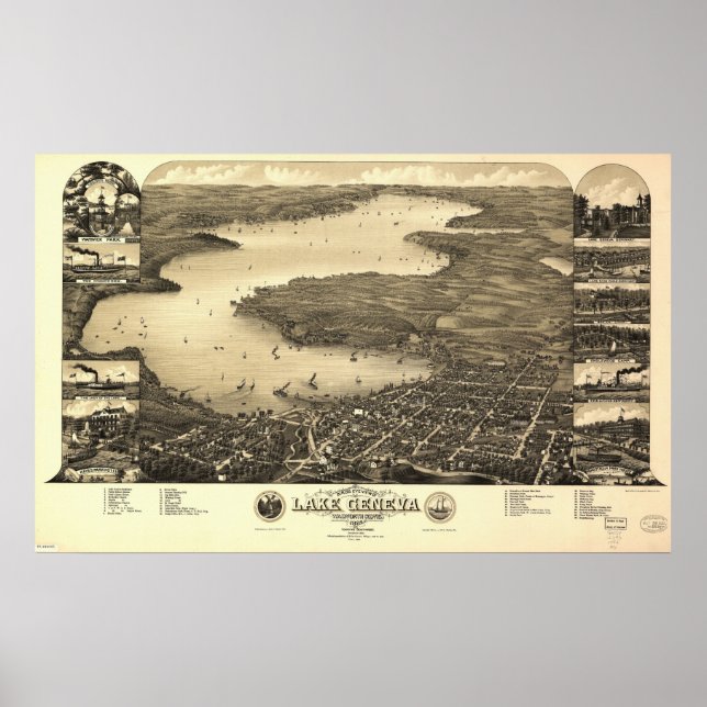 Affiches 1882 Lac Léman, WI Oiseaux Vue panoramique Carte (Devant)