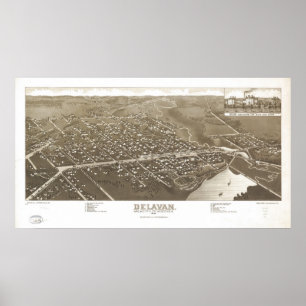 Affiches 1884 Delavan, WI Birds Eye Panoramic Map