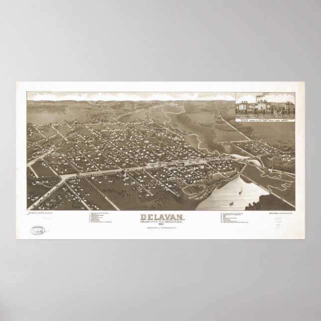 Affiches 1884 Delavan, WI Birds Eye Panoramic Map (Devant)