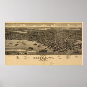 Affiches 1884 Seattle, carte panoramique de vue d'oeil