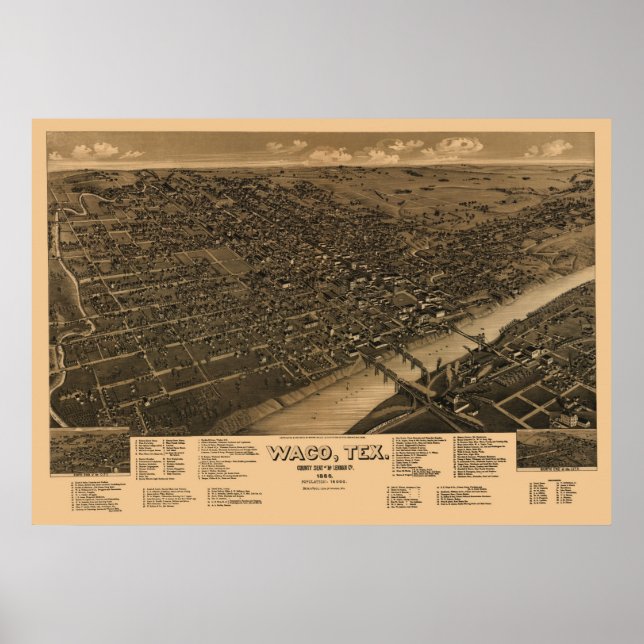 Affiches 1886 Panoramique Carte Oiseaux Vue oeil de Waco, T (Devant)