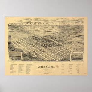 Affiches 1889 North Yakima, WA Oiseaux Vue panoramique Cart