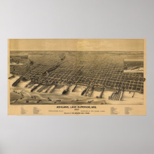Affiches 1890 Ashland, WI Oiseaux Vue panoramique Carte