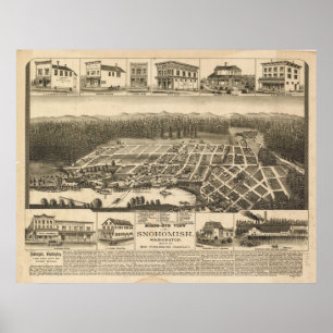 Affiches 1890 Snohomish, WA Oiseaux Vue panoramique Carte