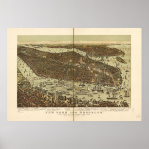 Affiches 1892 New York & Brooklyn Birds Eye Panoramic Map