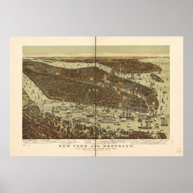 Affiches 1892 New York & Brooklyn Birds Eye Panoramic Map (Devant)